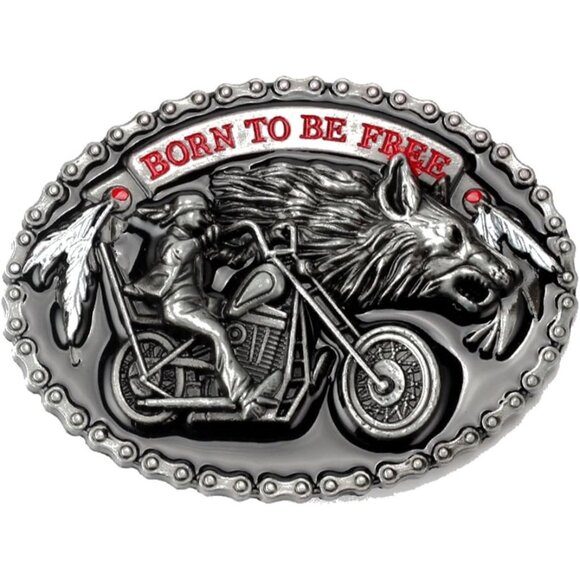 Men Silver Wolf and Motorcyclist Vintage American Western Elements Belt Buckles - Picture 1 of 1